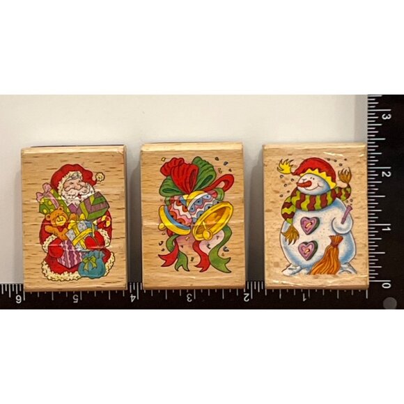 VINTAGE UNBRANDED WOOD MOUNTED RUBBER STAMP SET OF 3 SANTA SNOWMAN BELLS BOW - Picture 2 of 6